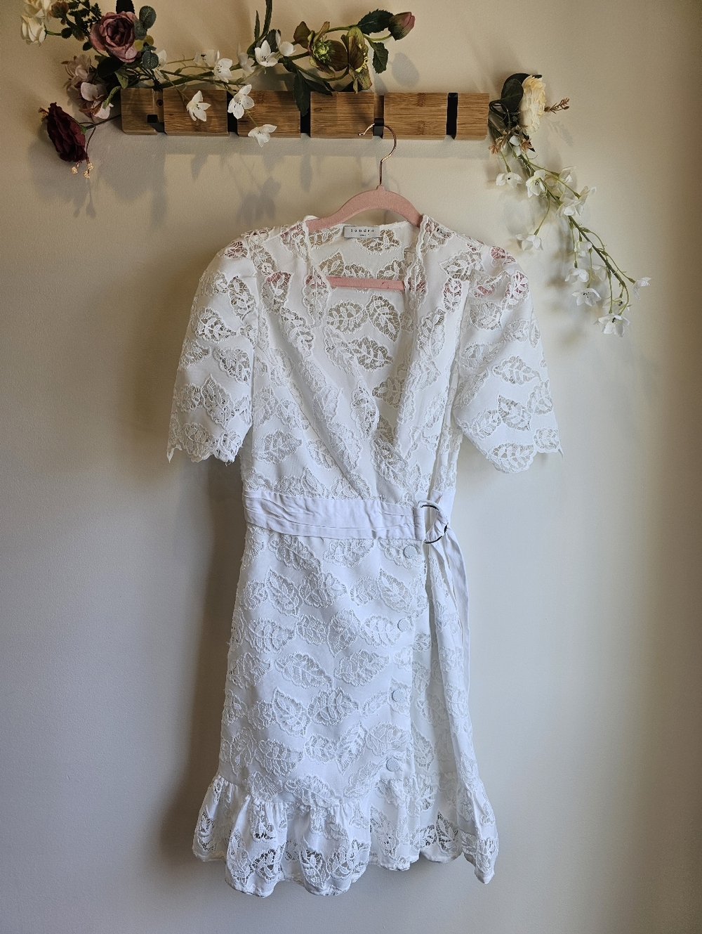 Sandro White Lace Wrap Button Up Midi Dress With Scallop Trim & V Neck Size 10